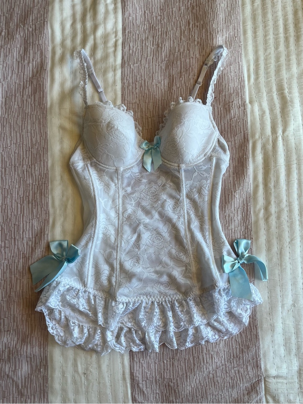 Y2K 2000s Victorias Secret inspired White Lacey Lingerie Baby Dress Blue bows